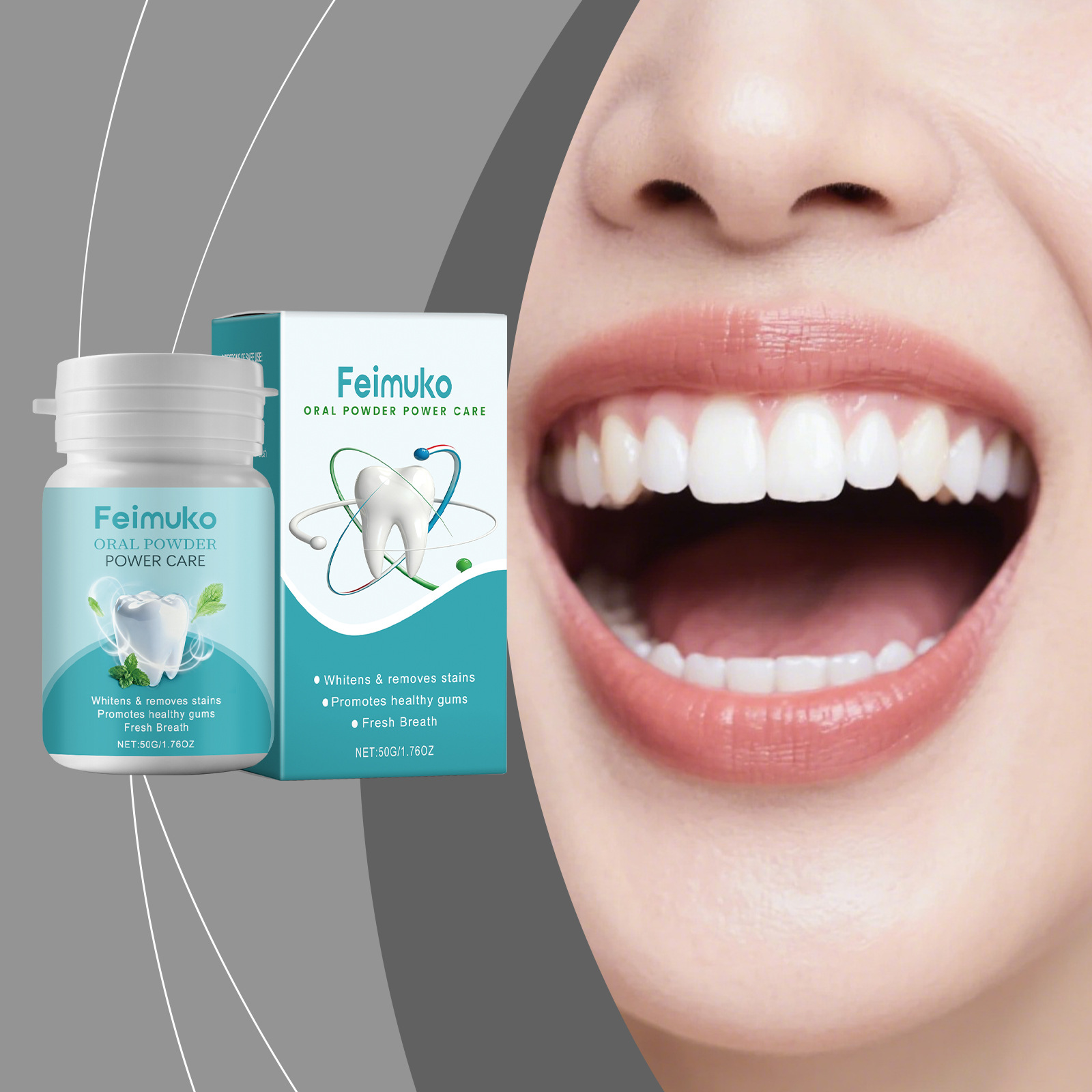 Teeth Whitening Promotion - Feimuko Mundpulver zur Fleckenentfernung, Plaque-Reduzierung, Reinigung,