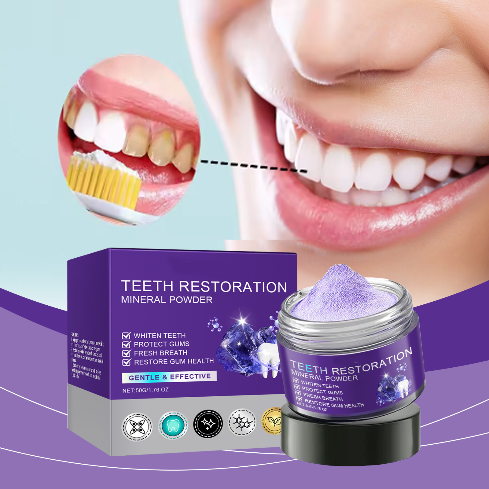 Teeth Whitening App - Lila Zahnrestaurations-Mineralpulver Aufhellendes Zahnpasta-Pulver Zahnschmelz-Schonend Stärkt