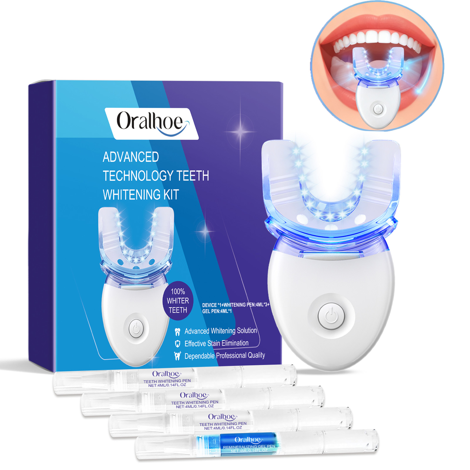 Teeth Whitening Q&M - Professionelles LED-Lichtset zur Zahnaufhellung mit 4-fachem